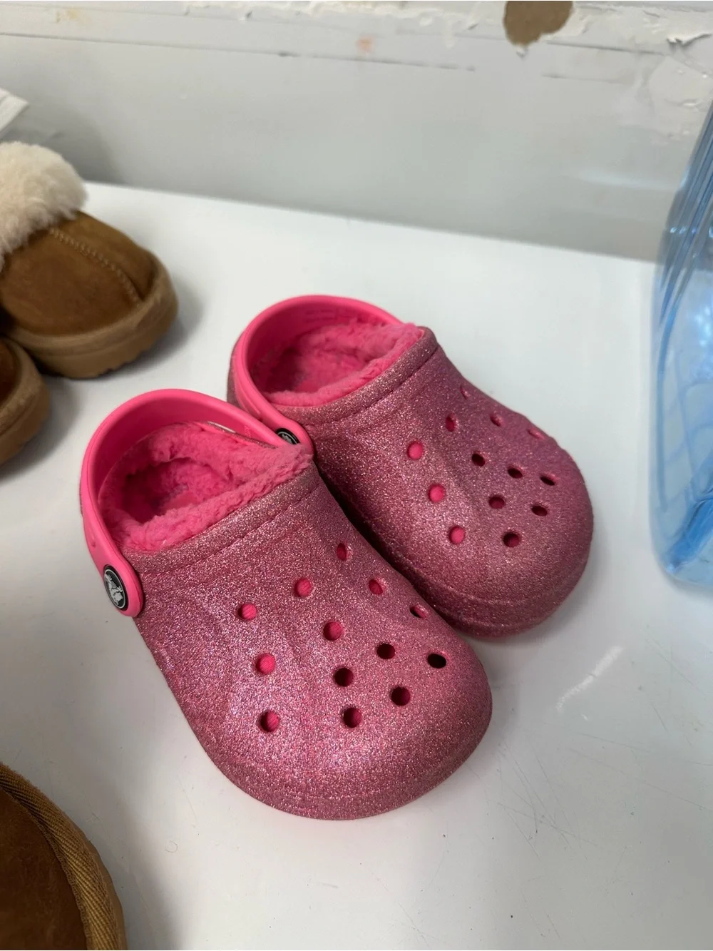 UGG Kids Brown Shearling Boots and Pink Glitter Clogs Set